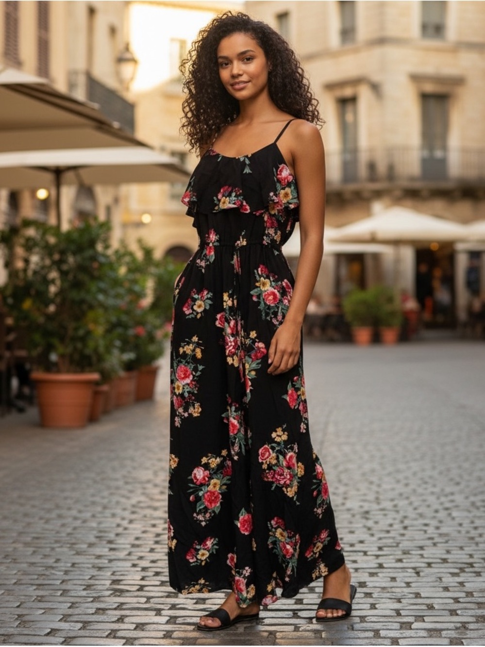 My Michelle Black Multicolored Floral Flirty Ruffle One Piece Romper Jumpsuit